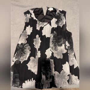 Calvin Klein Black And White Floral Pleated Shell Top